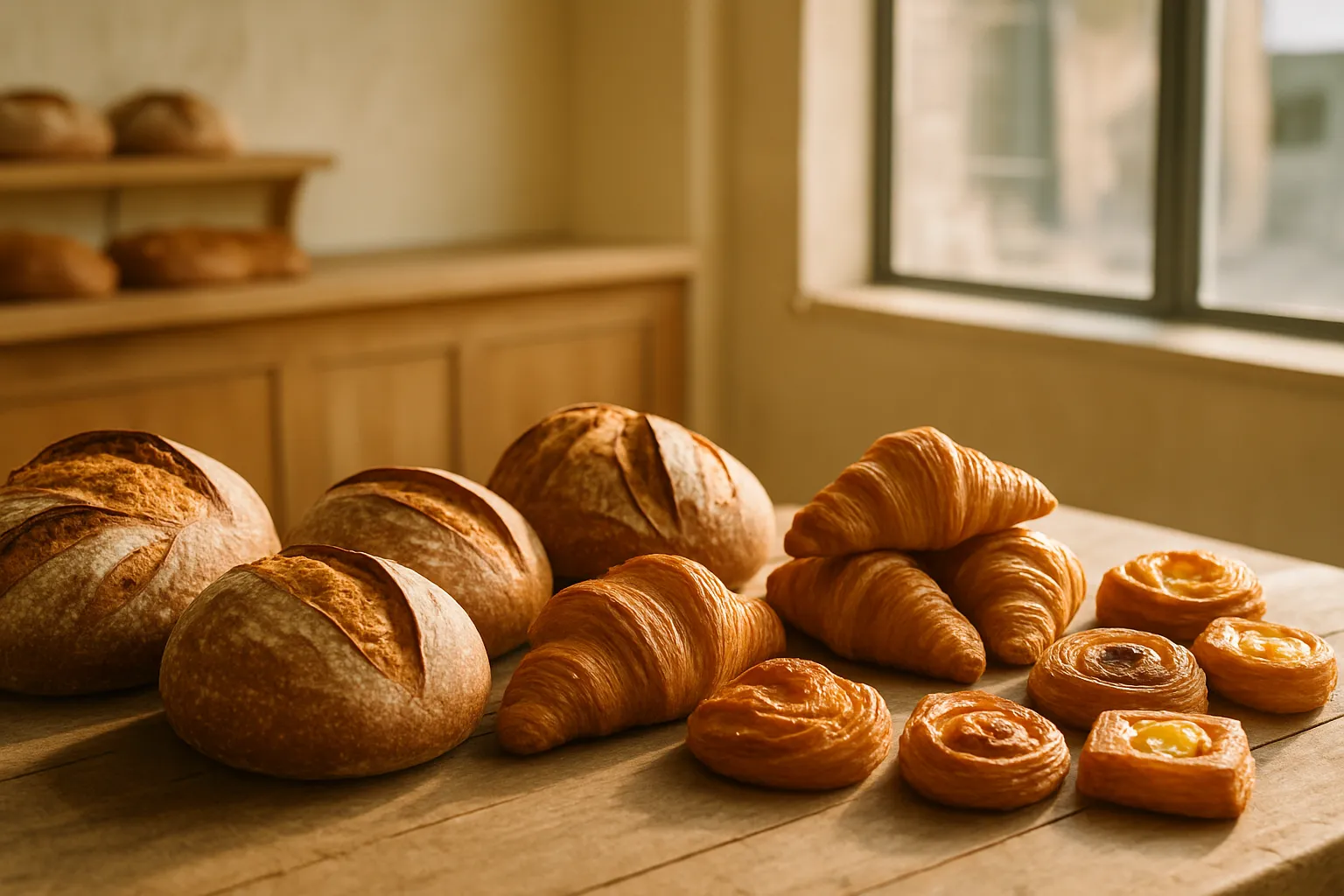 A sunlit spread of fresh bakery breads and pastries